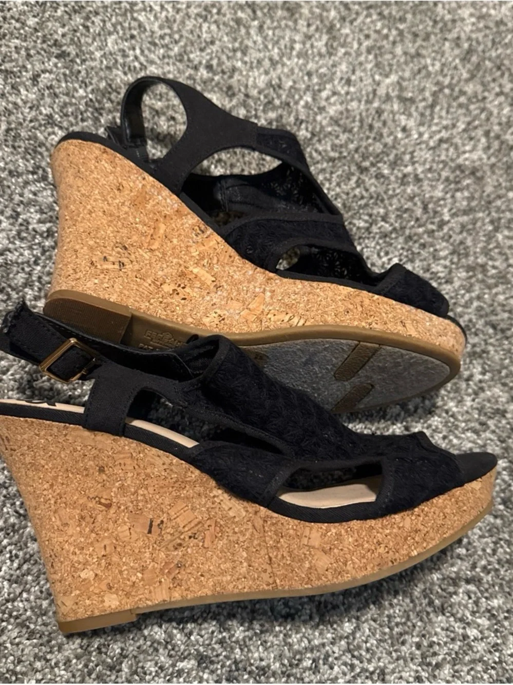 Fergalicious Black Lace Wedge Sandals with Cork Heel Size 8